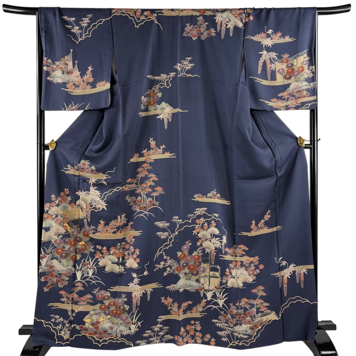 訪問着 身丈166cm 裄丈67cm M 袷 門 草花 刺繍 金彩 紺色 正絹 秀品 【中古】