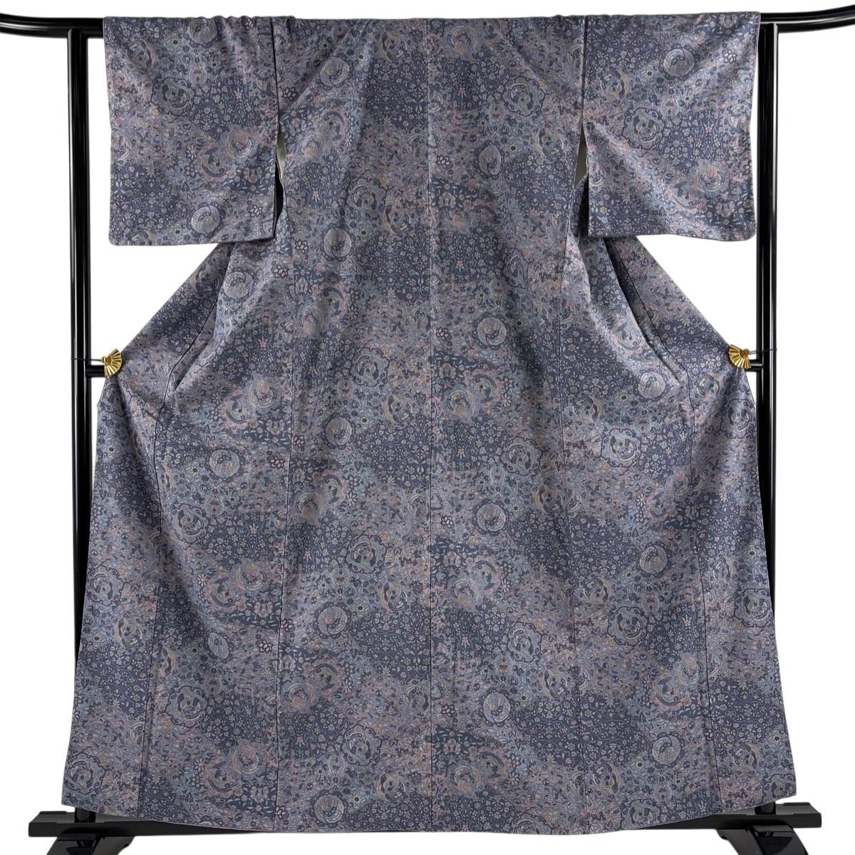 【美品】 小紋 身丈160.5cm 裄丈62.5cm S 袷 結城紬地 証紙あり 鳳凰 草花 灰紫 正絹 秀品 【中古】