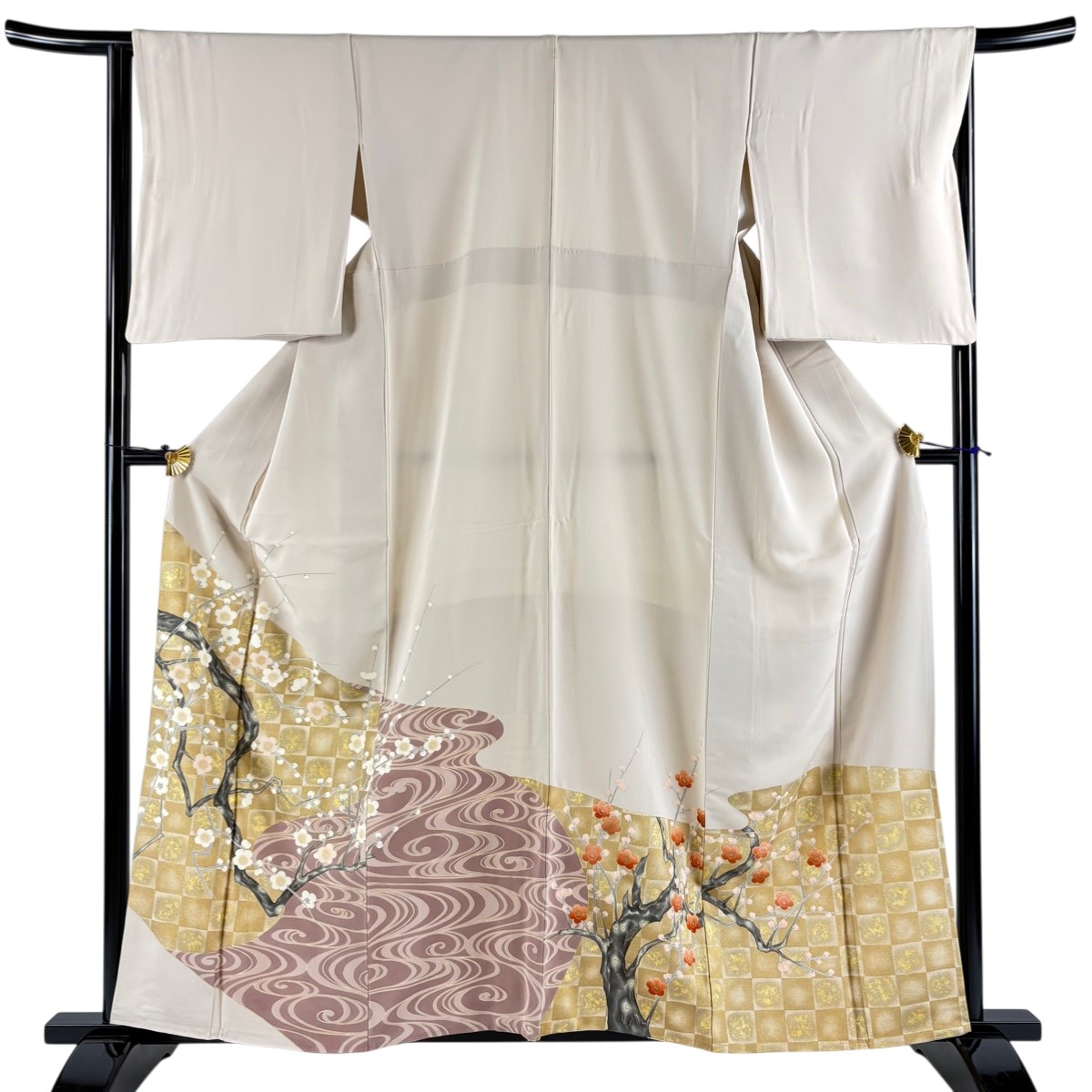 色留袖 身丈159cm 裄丈65cm M 袷 枝梅 流水 金彩 ベージュ 正絹 秀品 一つ紋 【中古】