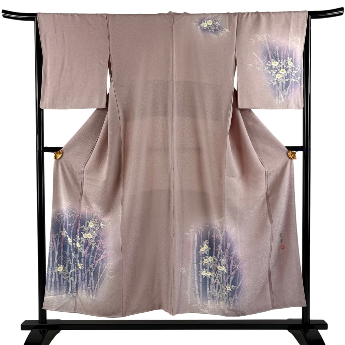 付下げ 身丈152cm 裄丈66cm M 袷 落款あり 草花 竹 ぼかし 薄紫 正絹 秀品 【中古】