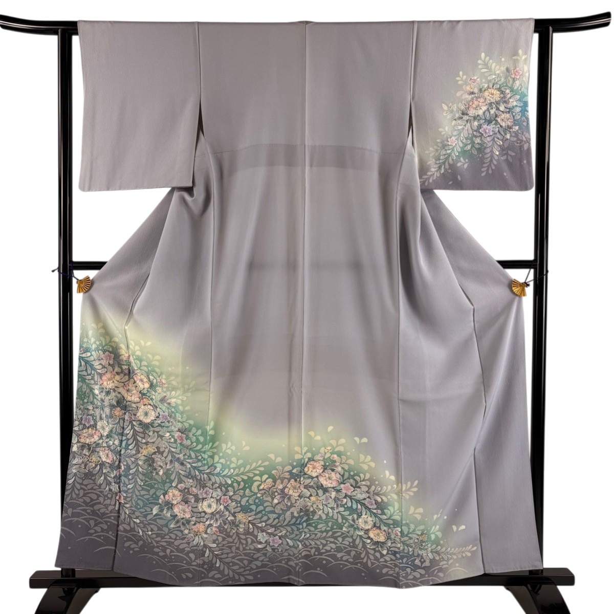 訪問着 身丈158cm 裄丈61.5cm S 袷 辻が花 露芝 染め分け ぼかし 青灰色 正絹 秀品 【中古】