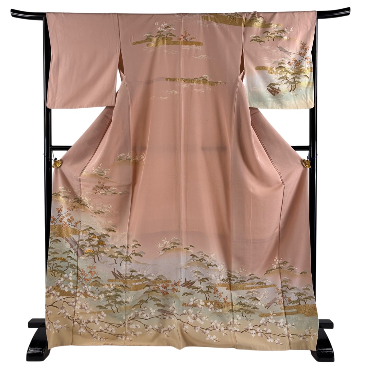 訪問着 身丈170cm 裄丈66.5cm M 袷 松竹梅 橋 金糸 金彩 薄ピンク 正絹 秀品 【中古】
