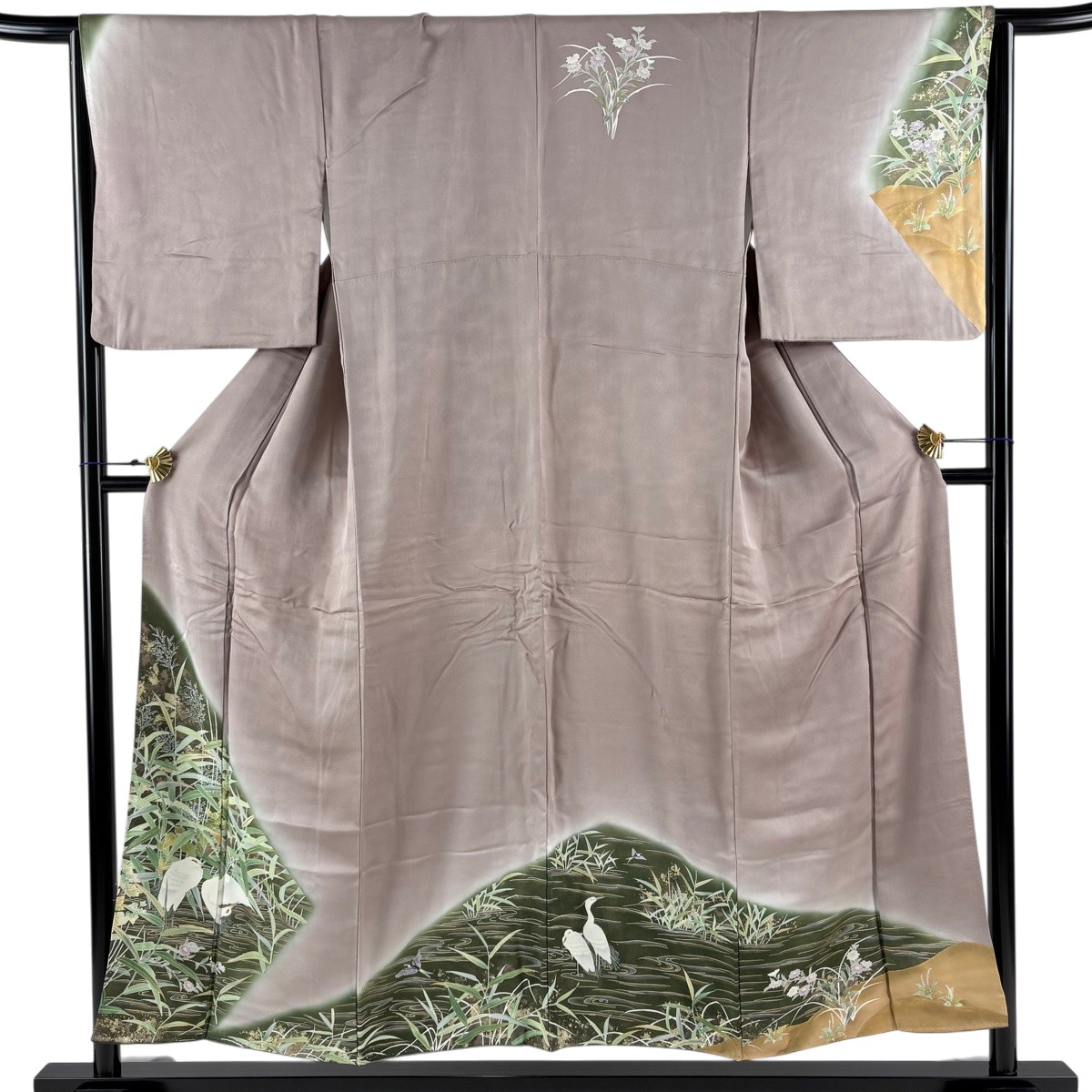 訪問着 身丈152cm 裄丈64.5cm M 袷 白鷺 流水 金彩 ぼかし 灰紫 正絹 秀品 【中古】