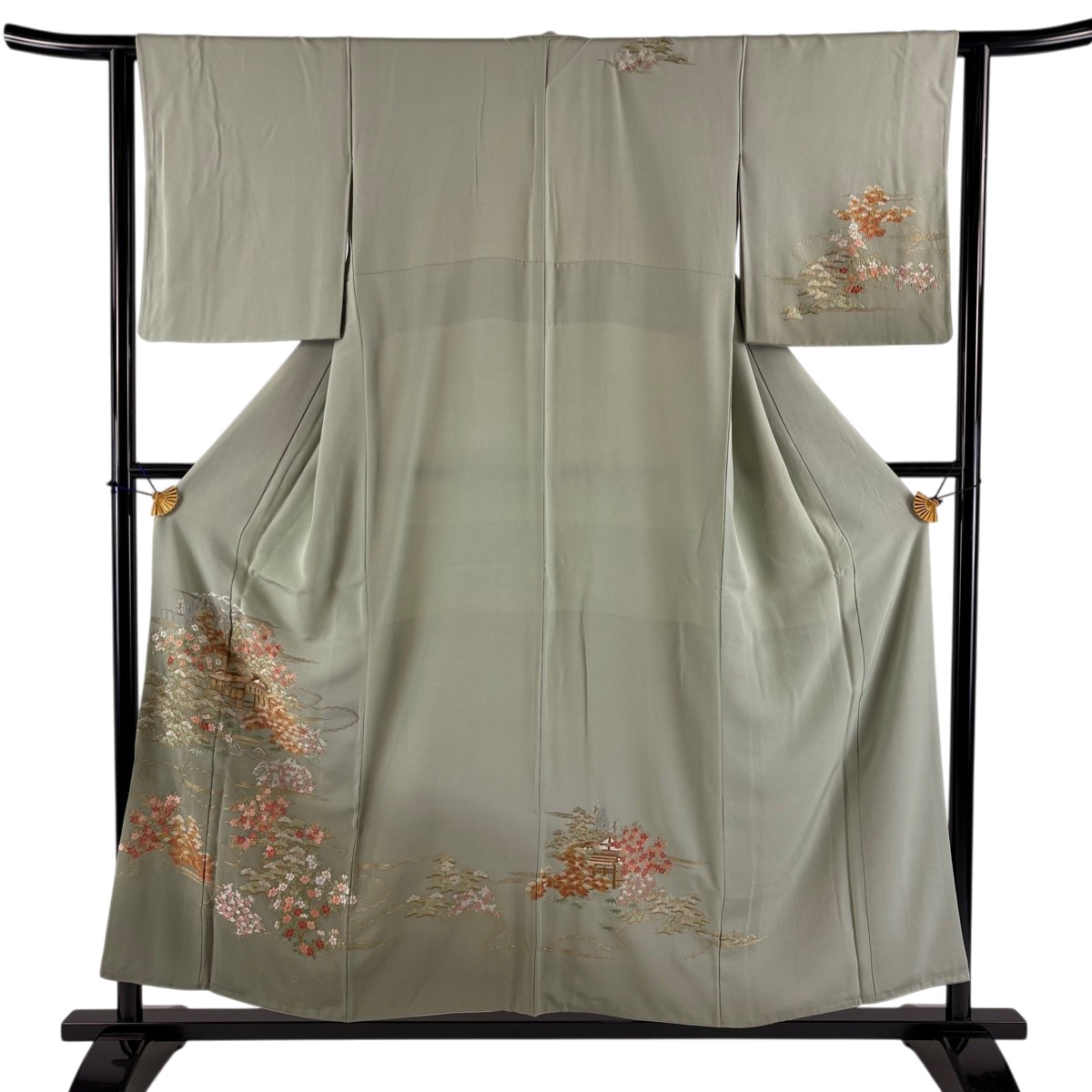訪問着 身丈154.5cm 裄丈63cm S 袷 家屋 松 刺繍 金糸 灰緑 正絹 秀品 【中古】
