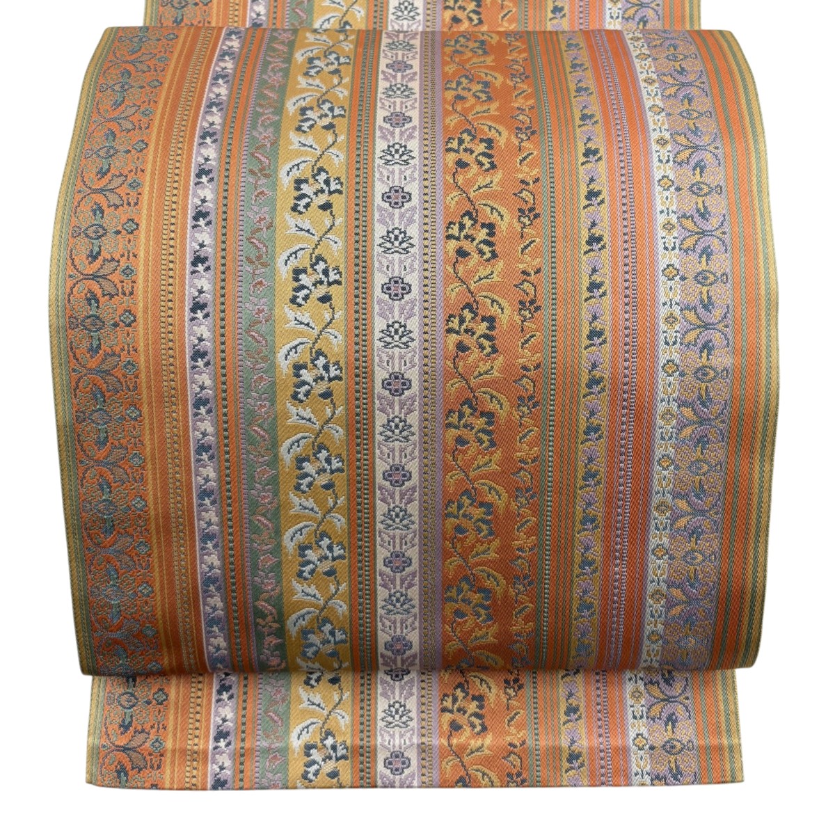 【美品】 名古屋帯 名品 八寸名古屋帯 松葉仕立て 縦縞 草花 オレンジ 正絹 【中古】