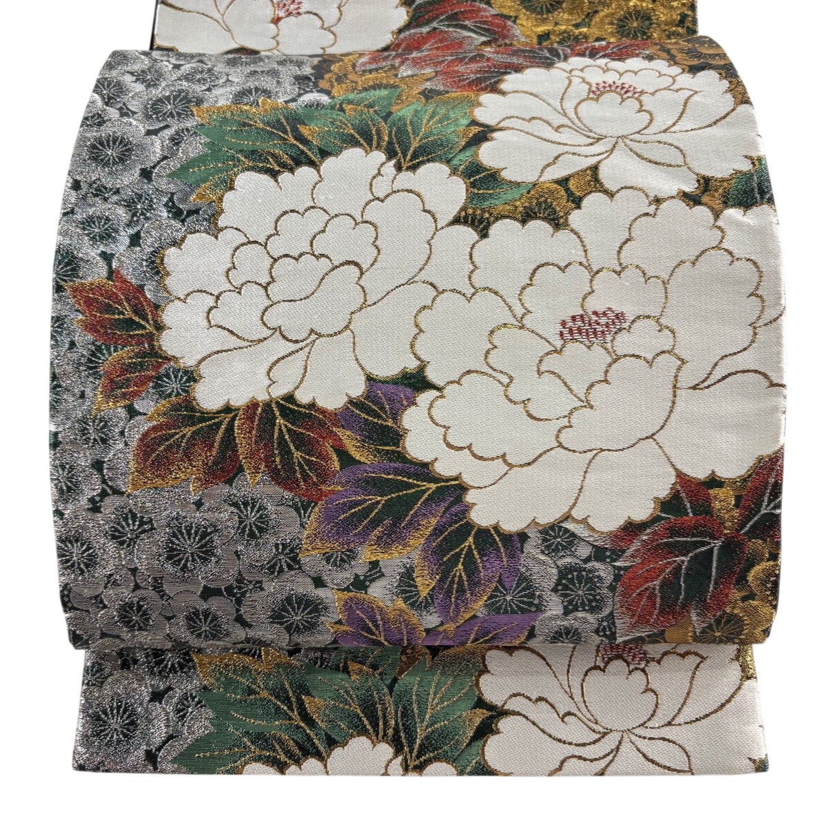 【美品】 袋帯 秀品 牡丹 梅 金銀糸 箔 緑 六通 正絹 【中古】