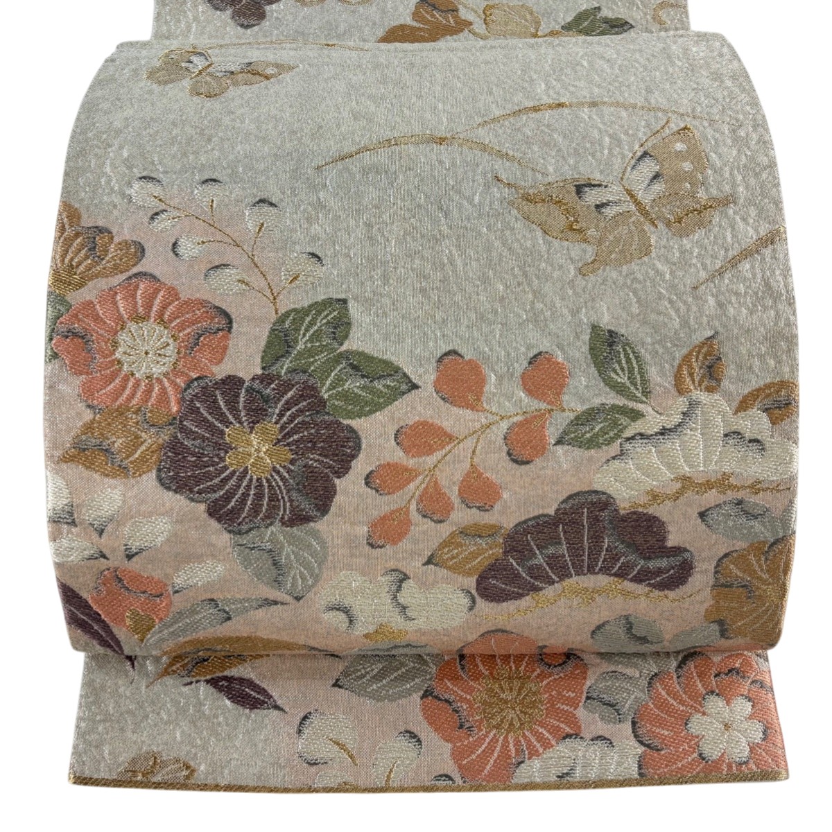 【美品】 袋帯 秀品 草花 松 金糸 刺繍 灰白 六通 正絹 【中古】