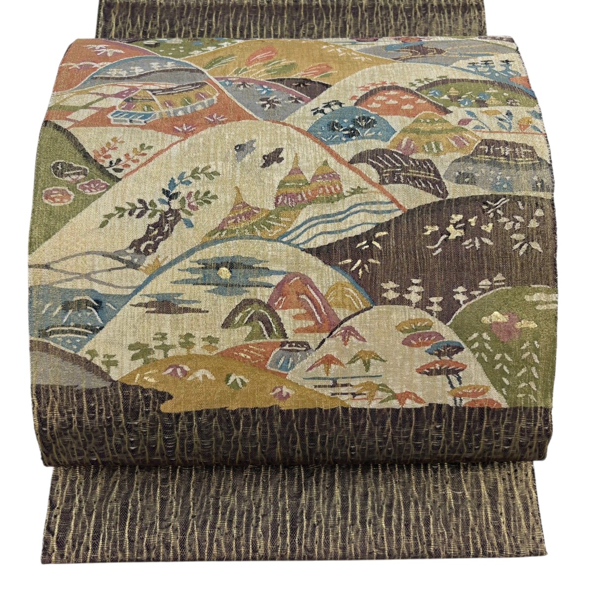 【美品】 袋帯 秀品 家屋 山並み 金糸 箔 茶紫 お太鼓柄 正絹 【中古】