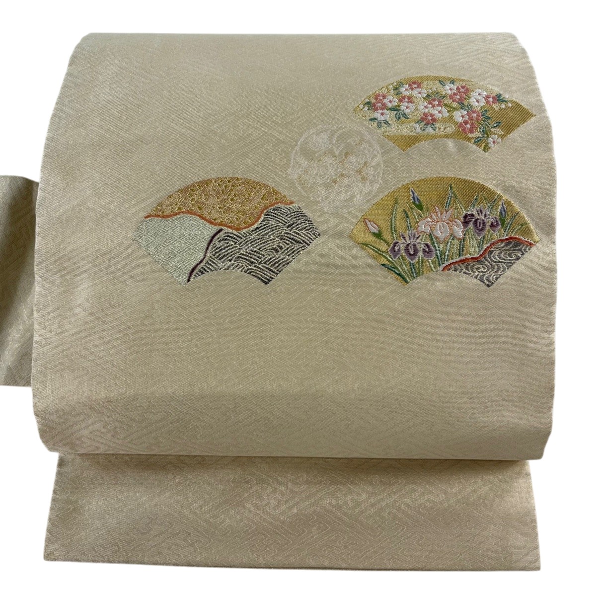 名古屋帯 秀品 扇面 草花 金糸 箔 ベージュ 正絹 【中古】