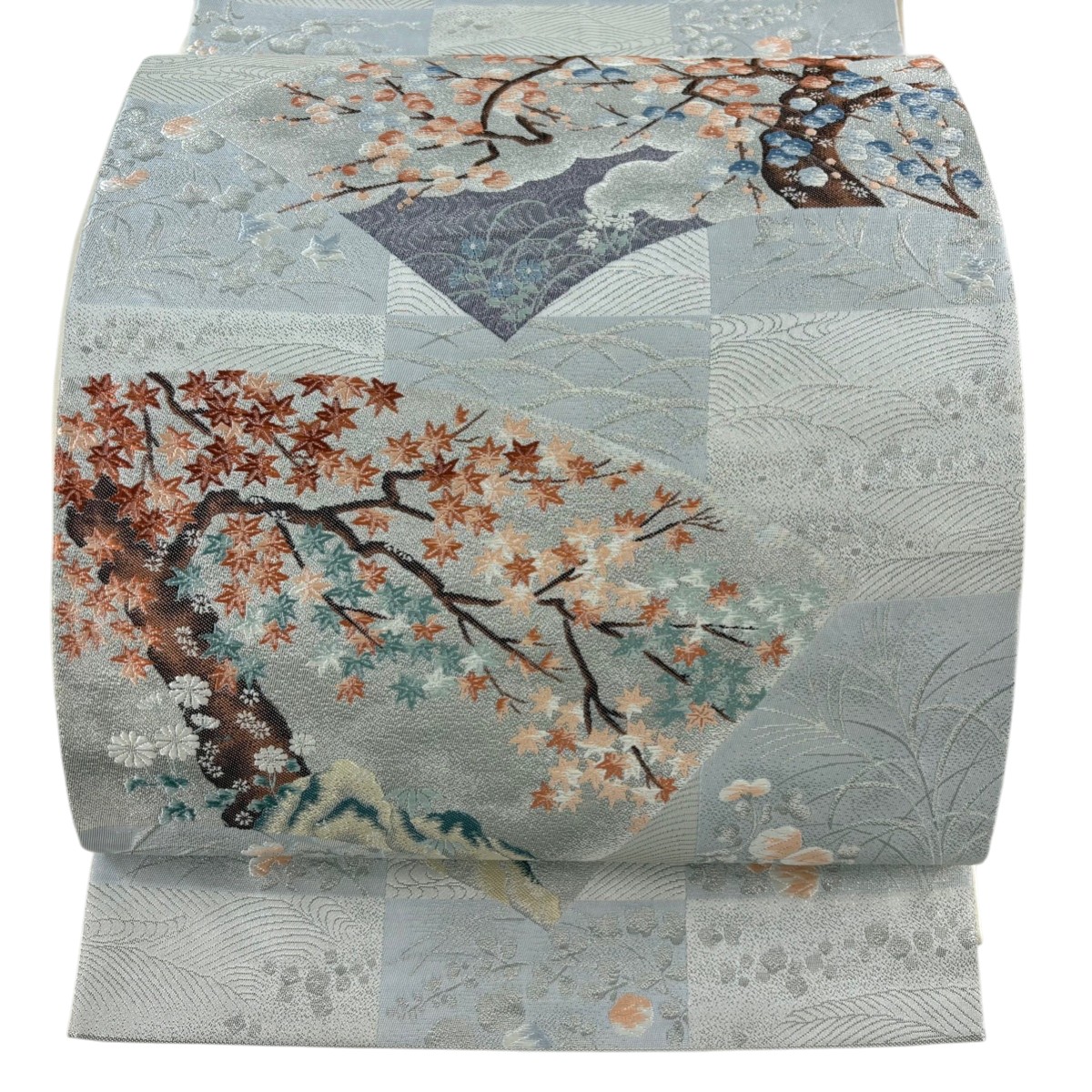 袋帯 秀品 扇面 枝花 銀糸 箔 灰色 六通 正絹 【中古】