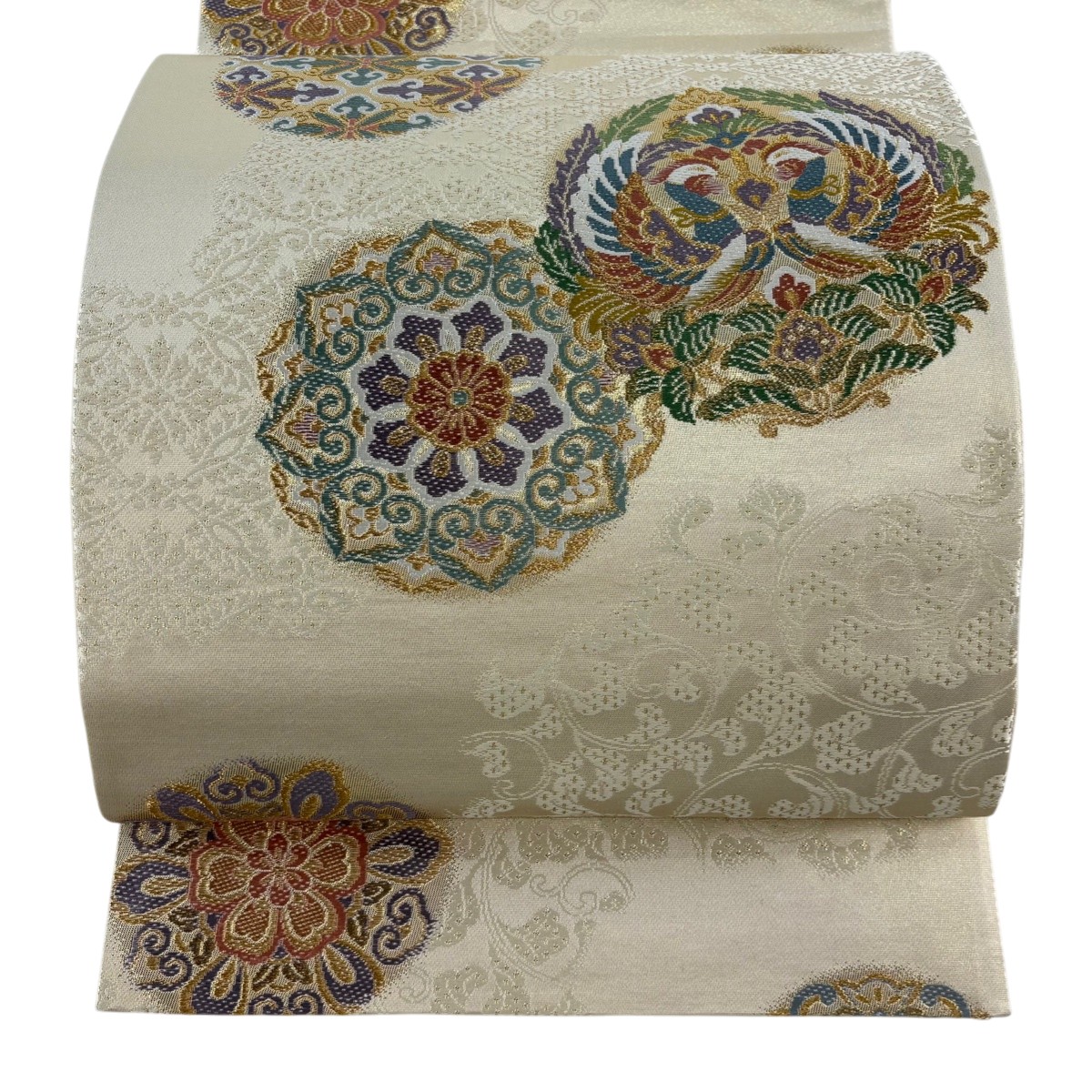 【美品】 袋帯 秀品 華文 向かい鳥 金糸 箔 ベージュ 六通 正絹 【中古】