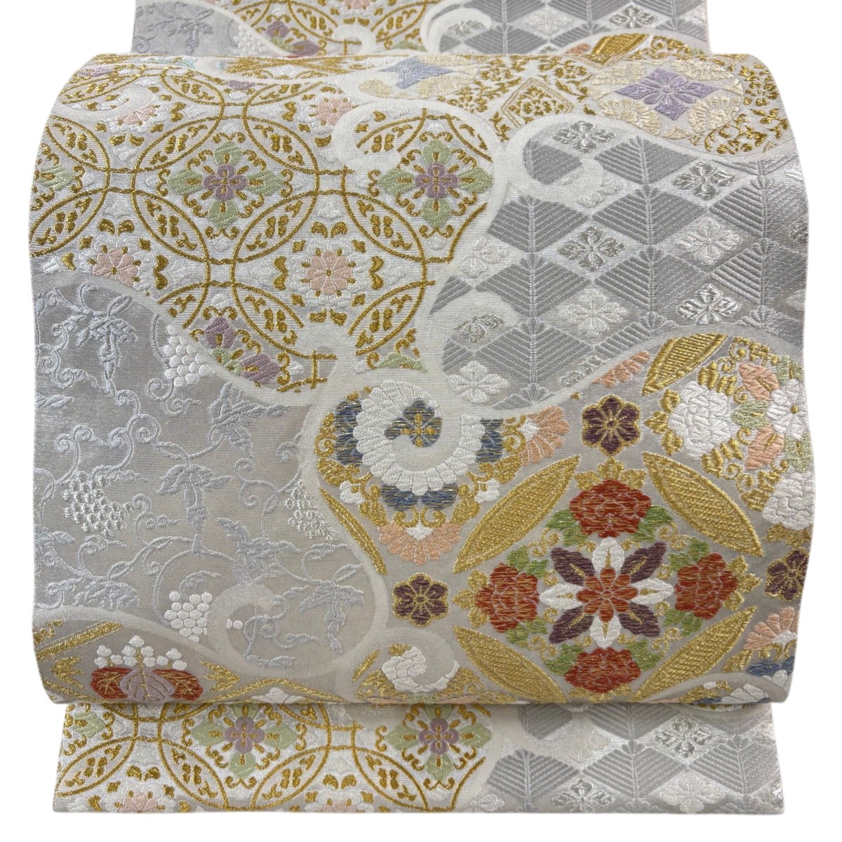【美品】 袋帯 秀品 花菱 七宝 金糸 箔 灰白 六通 正絹 【中古】