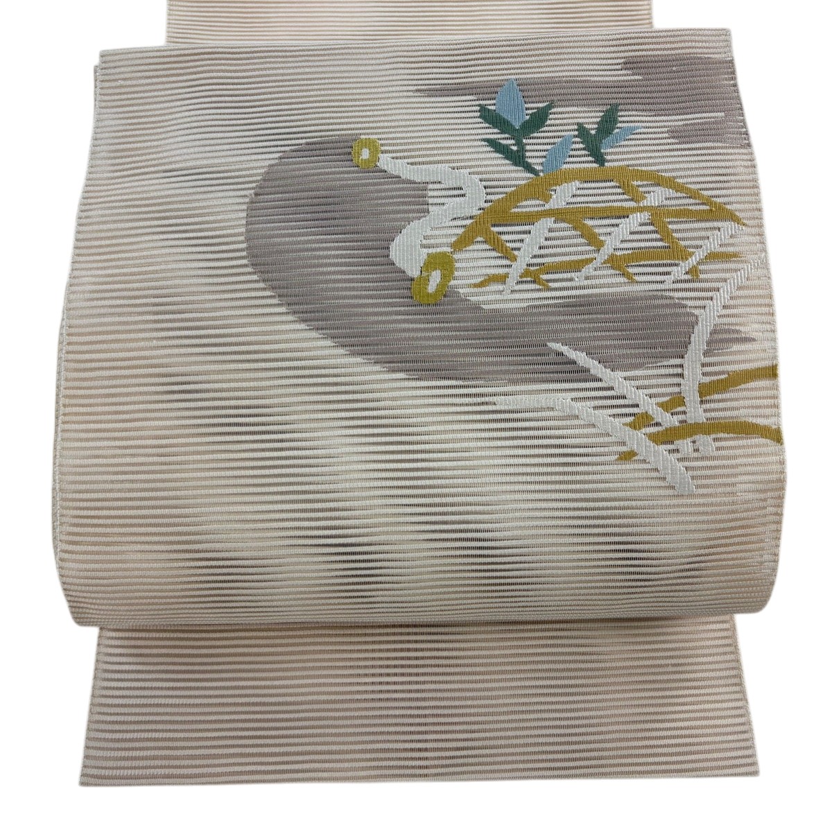 名古屋帯 秀品 夏帯 絽 八寸名古屋帯 松葉仕立て 光悦垣 葉柄 ベージュ 正絹 【中古】