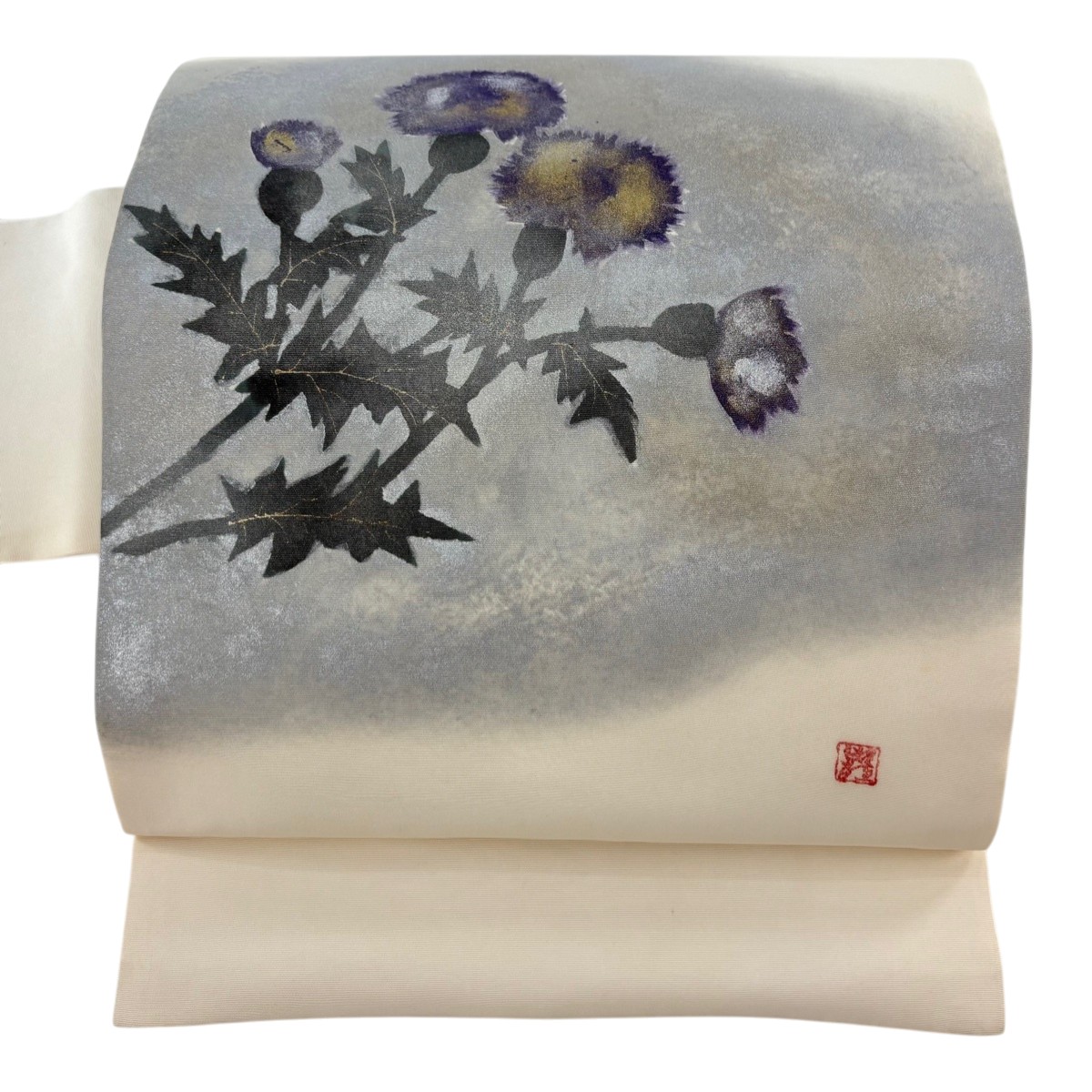 名古屋帯 秀品 落款あり アザミ 金銀彩 クリーム 正絹 【中古】