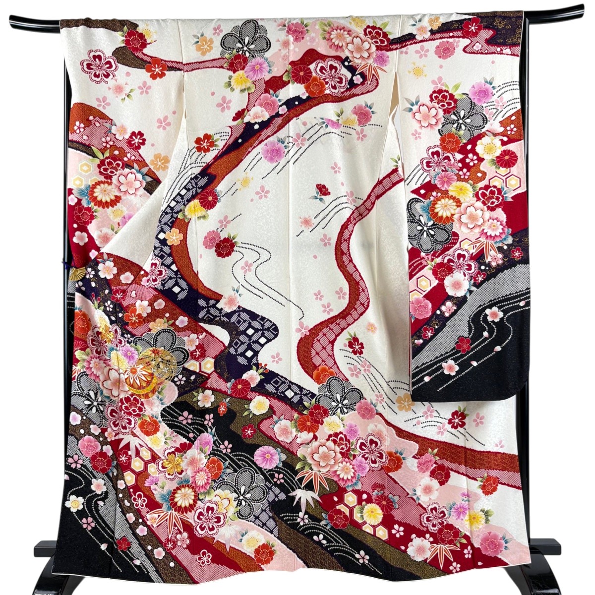 【美品】 振袖 身丈165cm 裄丈67cm M 袷 手鞠 草花 銀通し 刺繍 白 正絹 逸品 【中古】