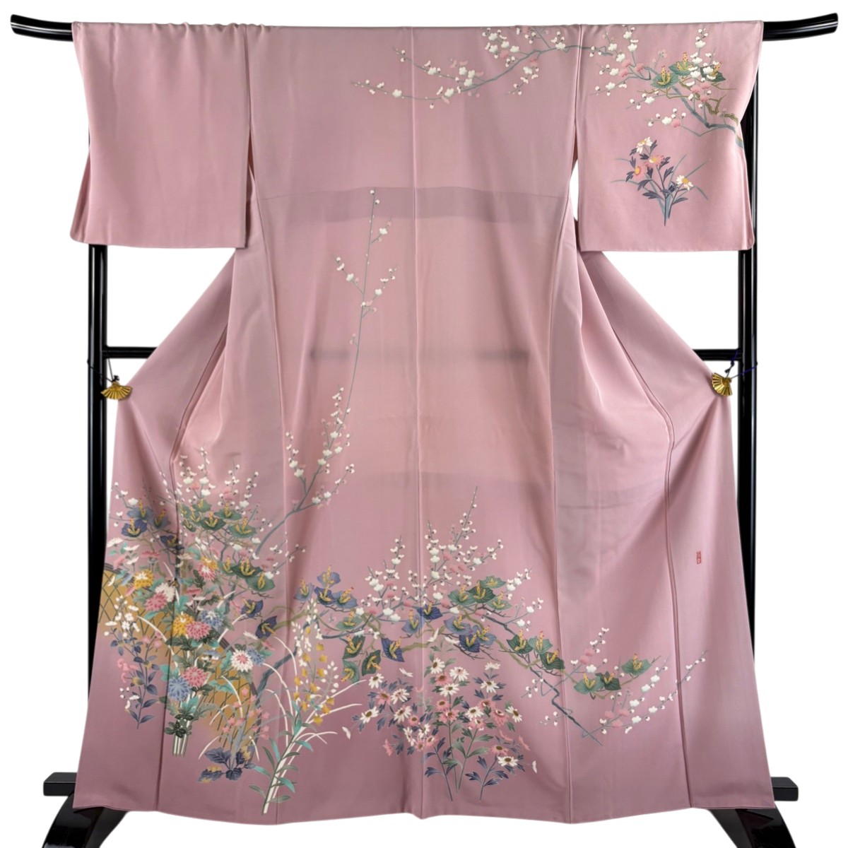 訪問着 身丈163.5cm 裄丈69cm L 袷 村下信幸 加賀友禅 落款あり 証紙あり 菊 梅 ぼかし ピンク 正絹 逸品 【中古】 30,420円