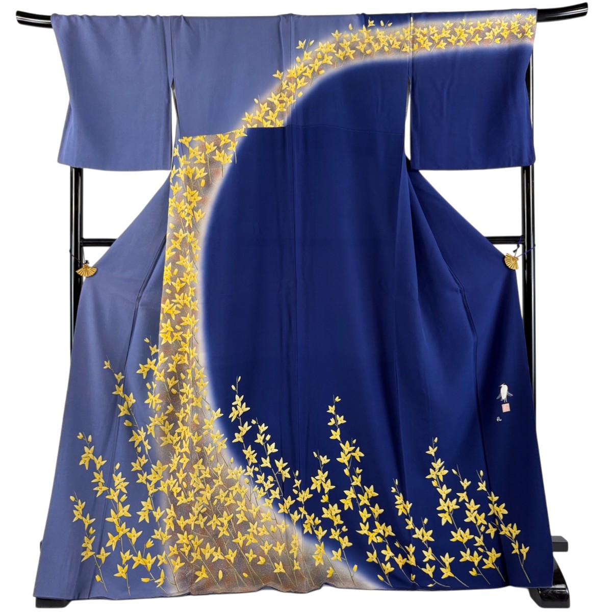 訪問着 身丈170cm 裄丈71cm L 袷 菅有鬼一 落款あり 枝花 金彩 ぼかし 青灰色 正絹 逸品 【中古】