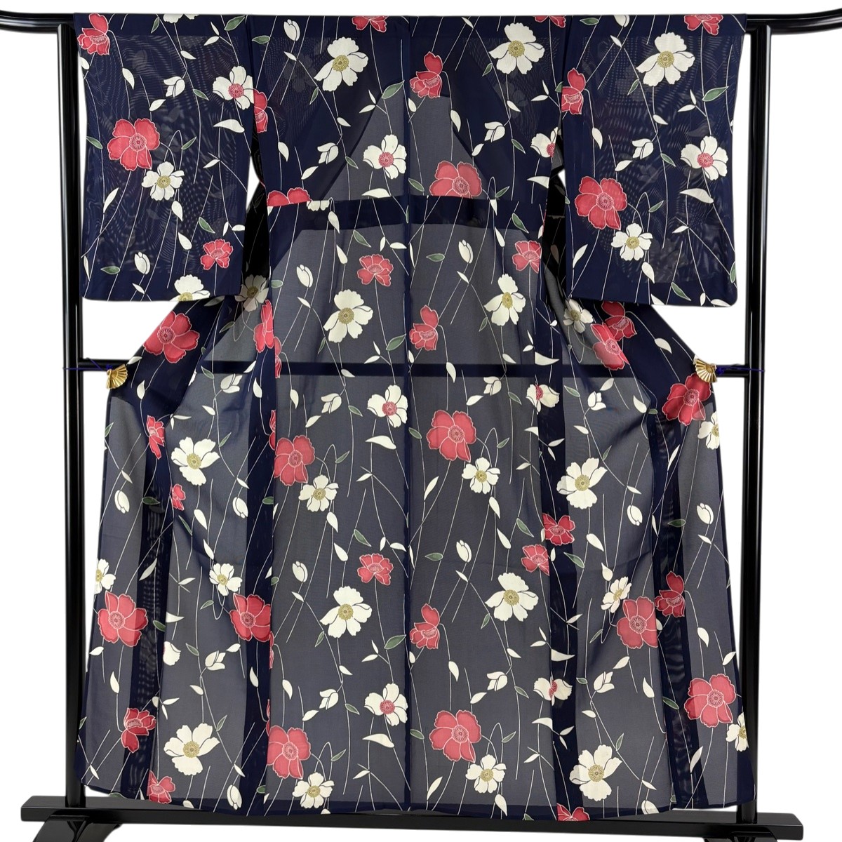 【美品】 小紋 身丈156.5cm 裄丈63.5cm S 薄物 絽 桜 濃紺 正絹 秀品 【中古】