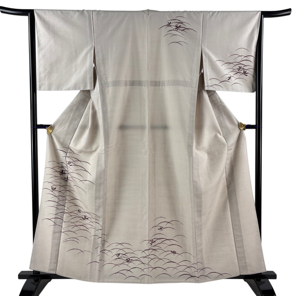 【美品】 訪問着 身丈161cm 裄丈64cm M 単衣 紬地 芝 草花 薄小豆 正絹 秀品 【中古】