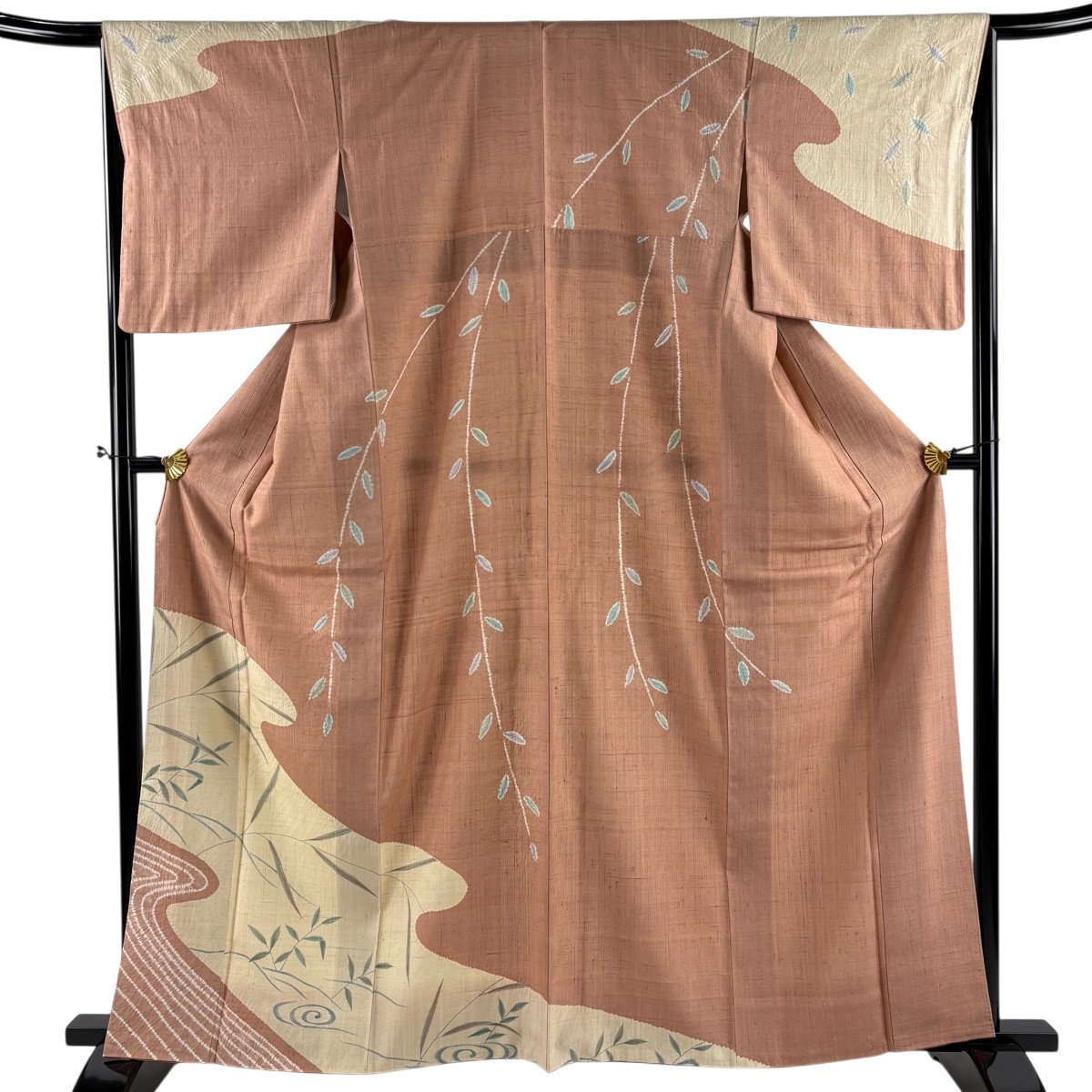 【美品】 訪問着 身丈163cm 裄丈66cm M 袷 紬地 葉柄 流水 銀彩 薄小豆 正絹 秀品 【中古】