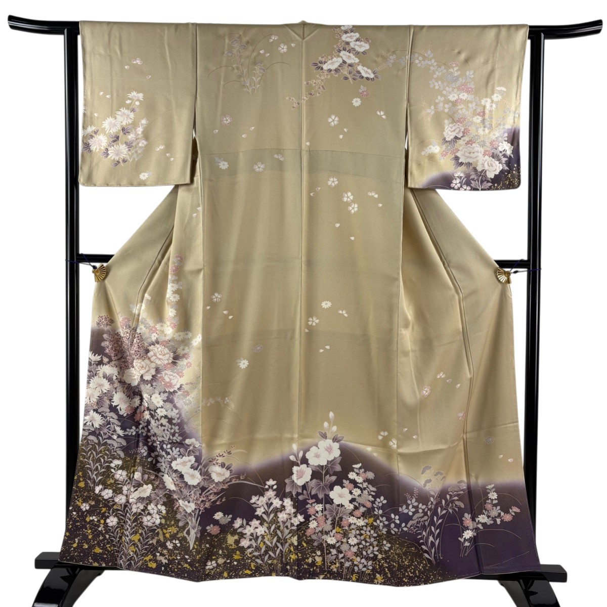 訪問着 身丈160.5cm 裄丈62.5cm S 袷 草花 金糸 金彩 ベージュ 正絹 秀品 【中古】