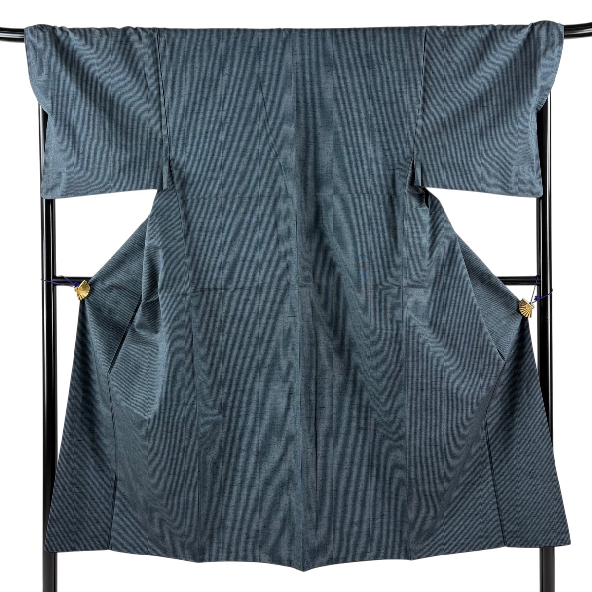 【美品】 男着物 身丈145cm 裄丈71cm M 袷 紬 アンサンブル 縞 紺色 正絹 秀品 【中古】