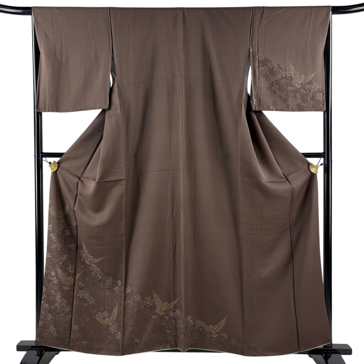 付下げ 身丈160cm 裄丈66.5cm M 袷 鳥 桜 箔 茶色 正絹 秀品 【中古】
