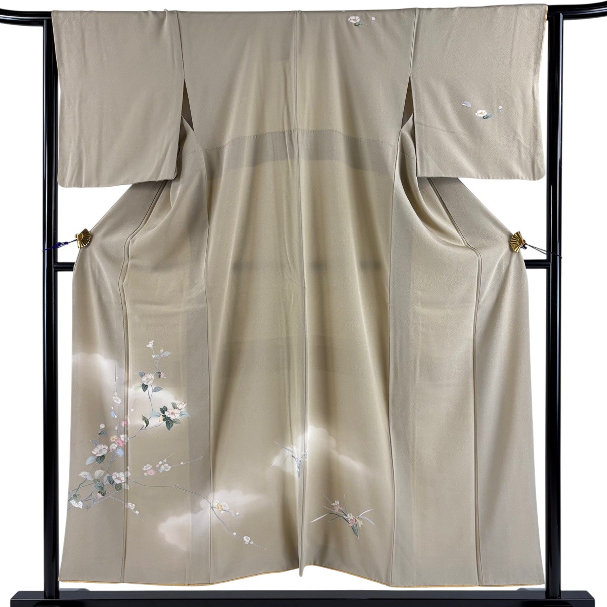 訪問着 身丈152cm 裄丈64cm M 袷 椿 枝梅 金彩 ぼかし ベージュ 正絹 秀品 【中古】