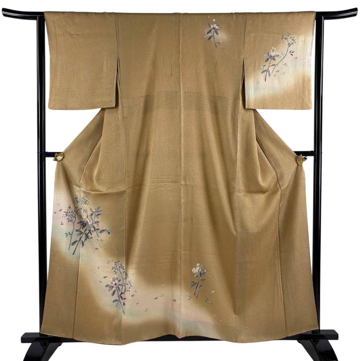 【美品】 付下げ 身丈157.5cm 裄丈63cm S 袷 枝花 葉と実 絞り ぼかし 山吹茶色 正絹 秀品 【中古】