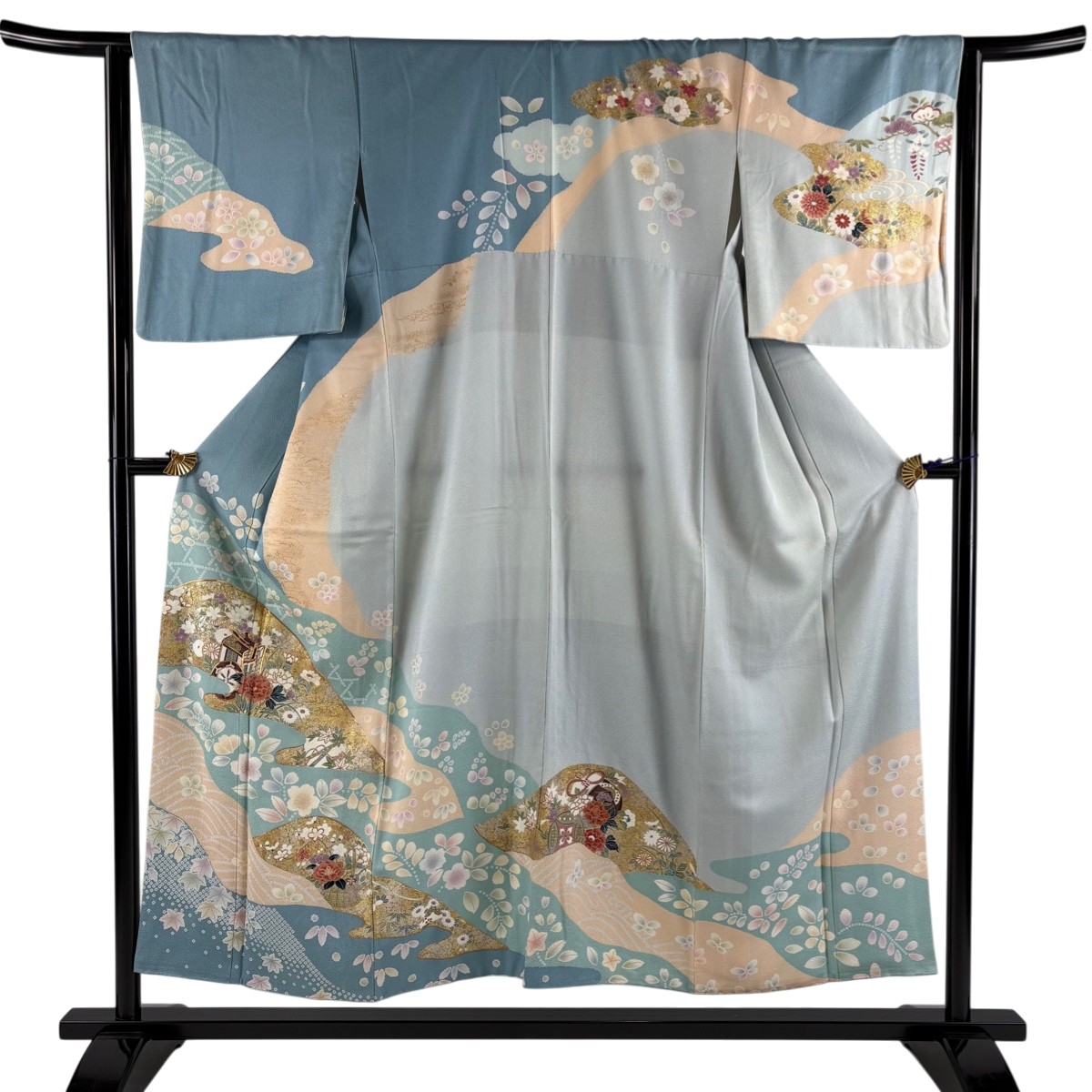 訪問着 身丈153cm 裄丈65cm M 袷 御所車 草花 金糸 金銀彩 水色 正絹