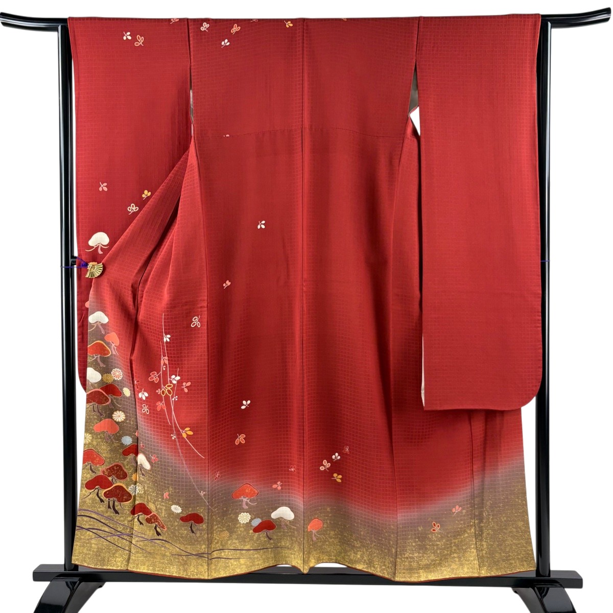 振袖 身丈155cm 裄丈64.5cm M 袷 笠松 菊 金彩 染め分け 赤 正絹 秀品 【中古】