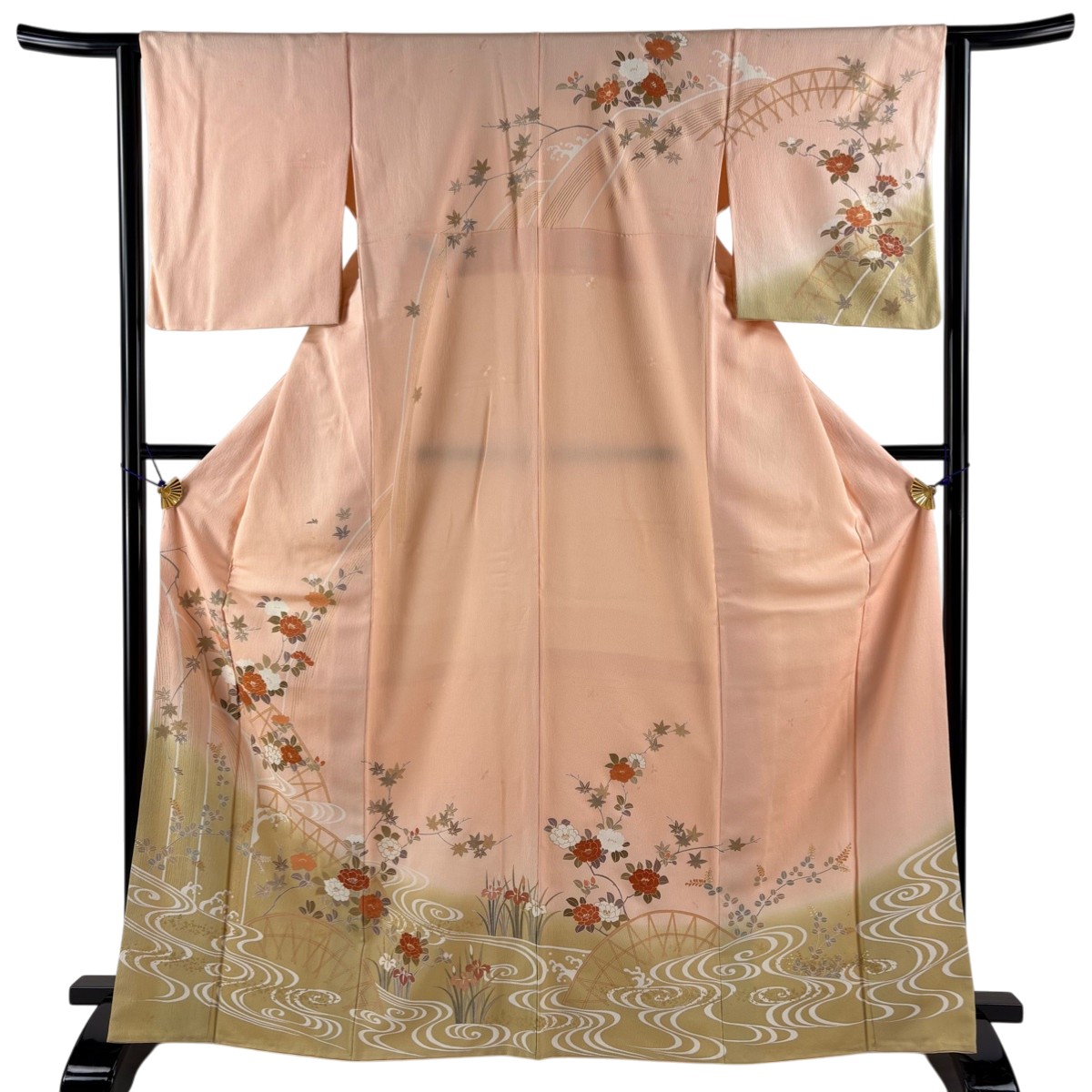 訪問着 身丈167.5cm 裄丈63cm S 袷 草花 流水 金糸 金彩 薄ピンク 正絹 秀品 【中古】