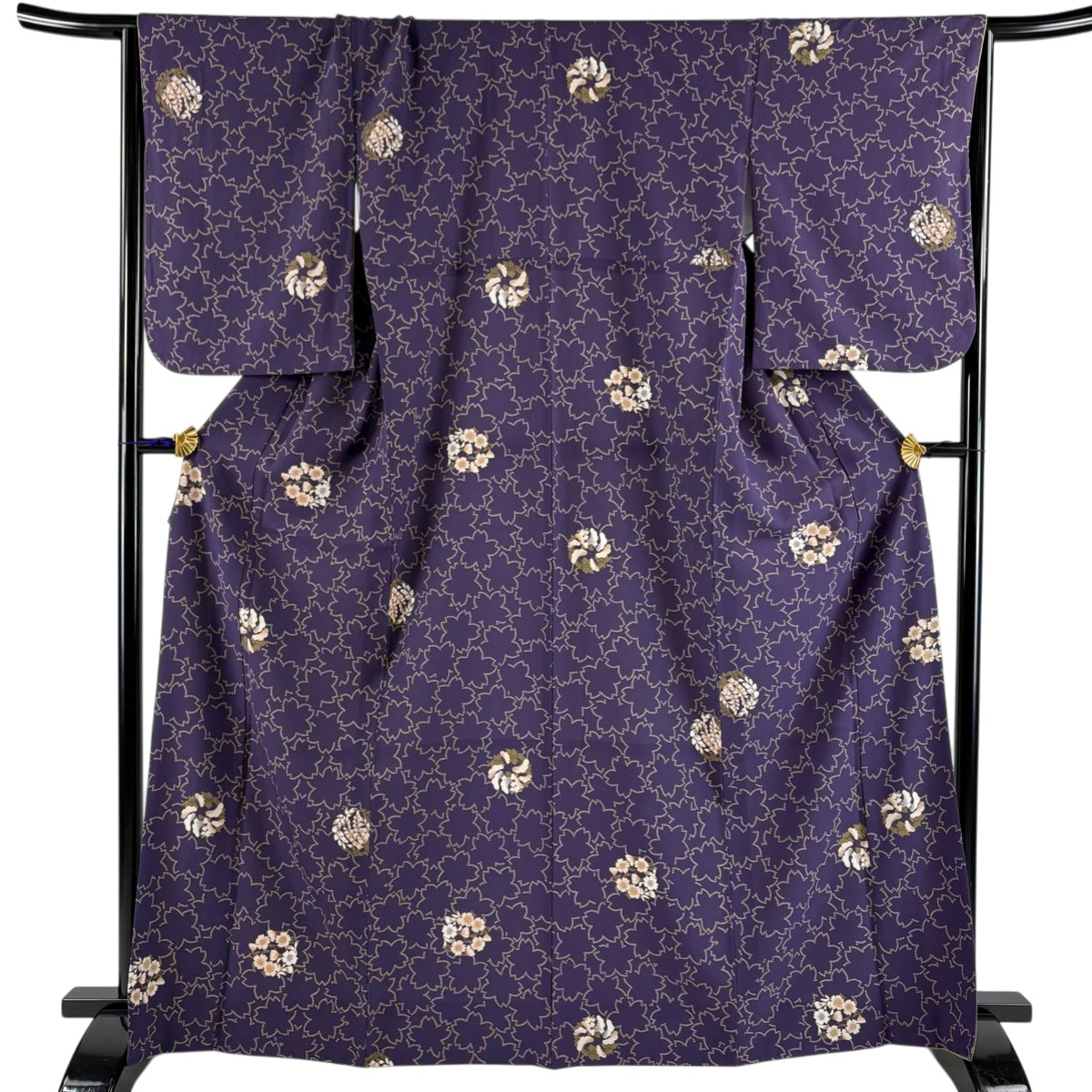 【美品】 小紋 身丈166cm 裄丈67cm M 袷 洗える着物 花丸文 桜 紫 化繊 秀品 【中古】