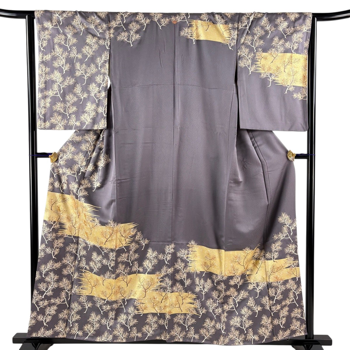 訪問着 身丈158.5cm 裄丈63cm S 袷 若松 霞 金糸 金彩 灰紫 正絹 秀品 【中古】