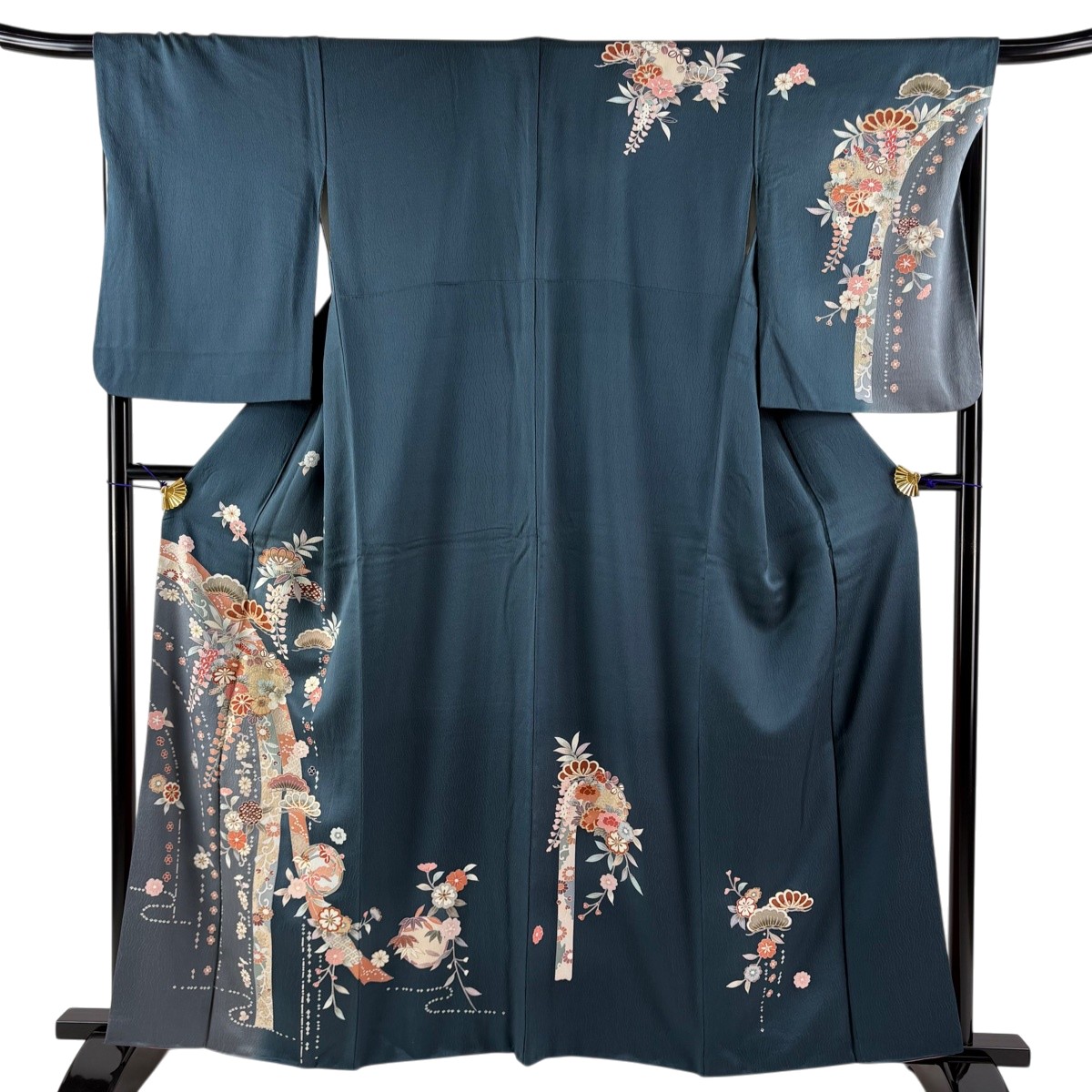 訪問着 身丈159cm 裄丈69cm L 袷 花丸文 笠松 金彩 深緑 正絹 秀品 【中古】