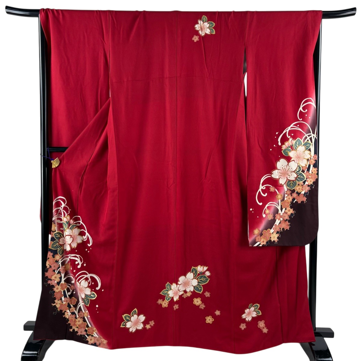 振袖 身丈165.5cm 裄丈68.5cm L 袷 桜 波頭 金彩 ぼかし 赤 正絹 秀品 【中古】