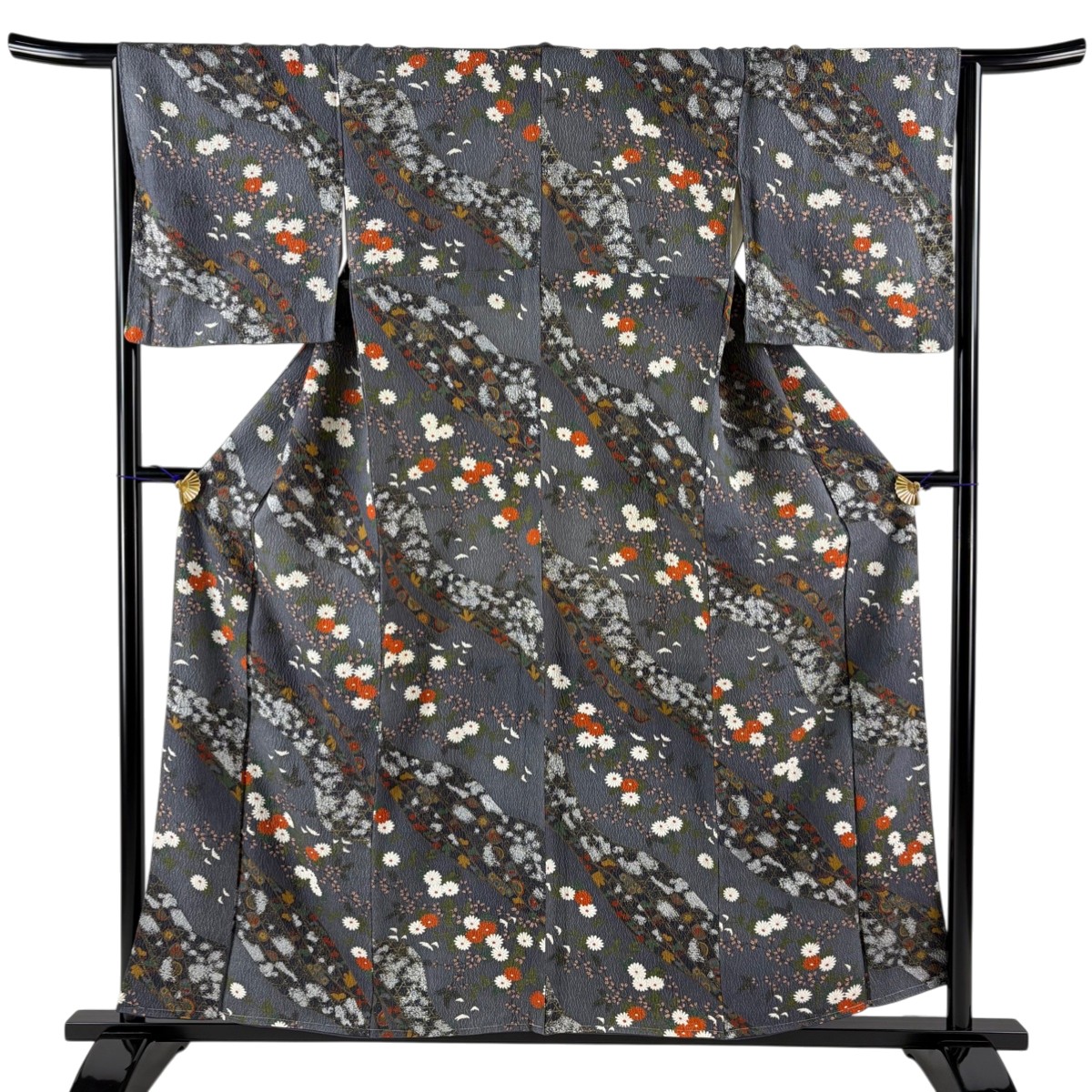 小紋 身丈156.5cm 裄丈65cm M 袷 菊 萩 金銀彩 灰色 正絹 秀品 【中古】