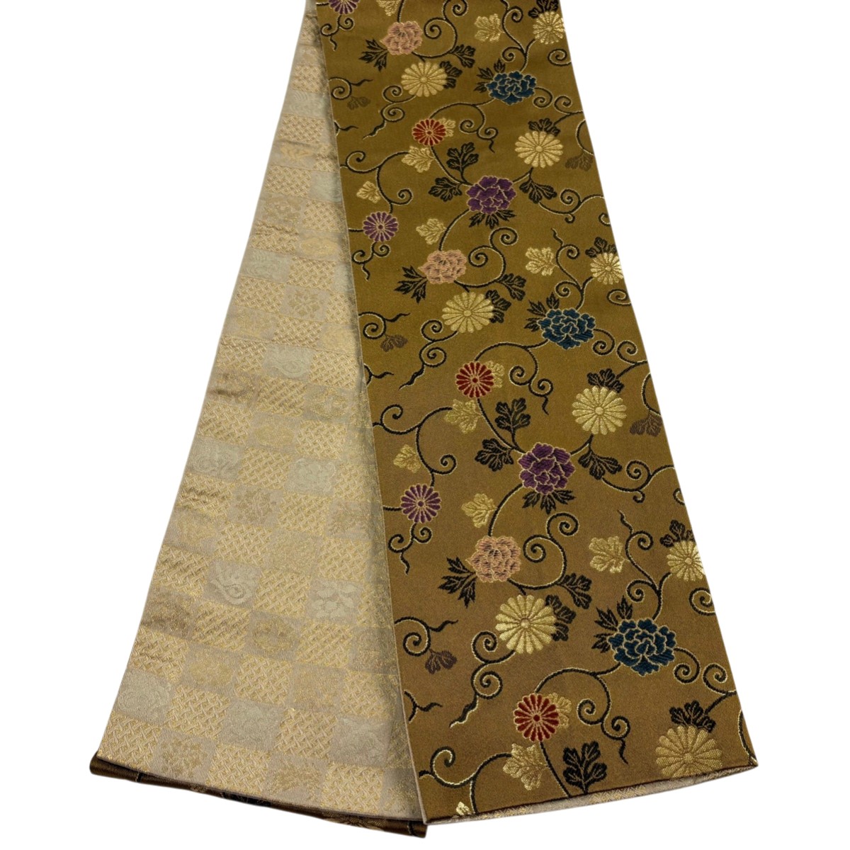 半幅帯 秀品 花唐草 箔 黄土色 正絹 【中古】