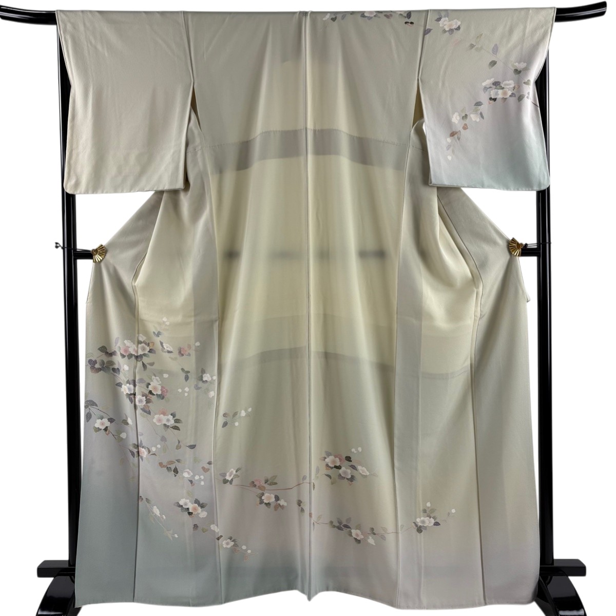 【美品】 訪問着 身丈167cm 裄丈67.5cm L 袷 枝花 ぼかし 灰緑 正絹 名品 一つ紋 【中古】