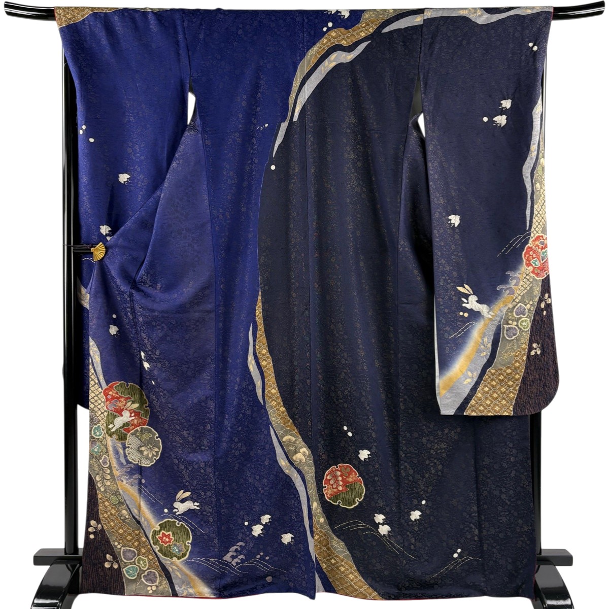 【美品】 振袖 身丈171cm 裄丈67cm M 袷 やまと 雪輪 うさぎ 金通し 金彩 紺色 正絹 名品 【中古】