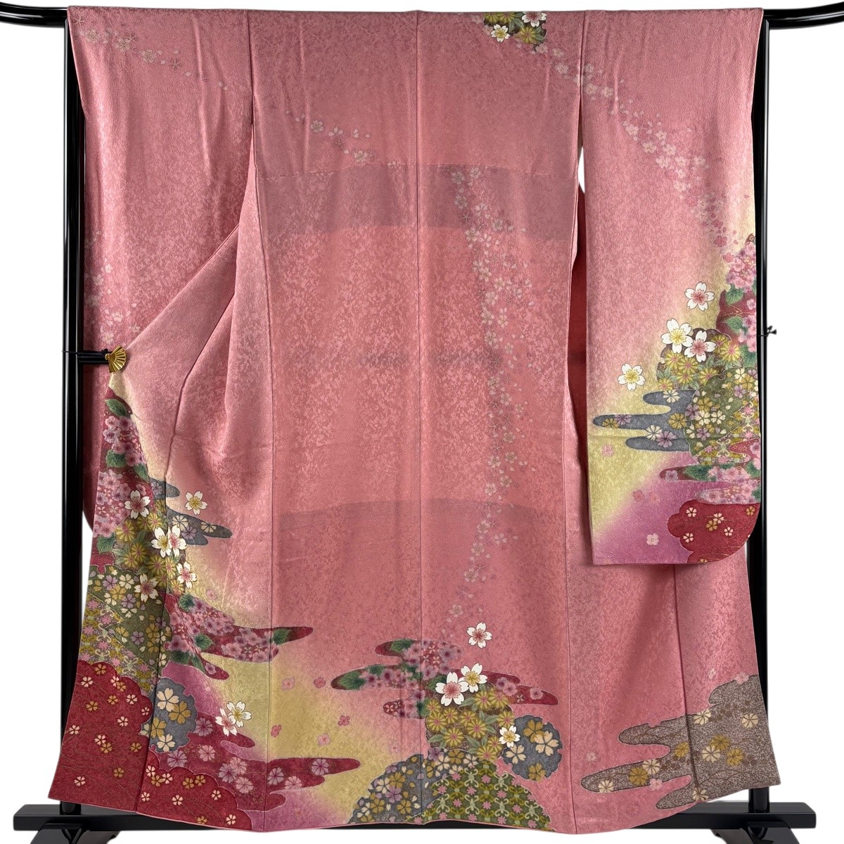 振袖 身丈157.5cm 裄丈66.5cm M 袷 桜 霞 金通し 金糸 ピンク 正絹 名品 【中古】