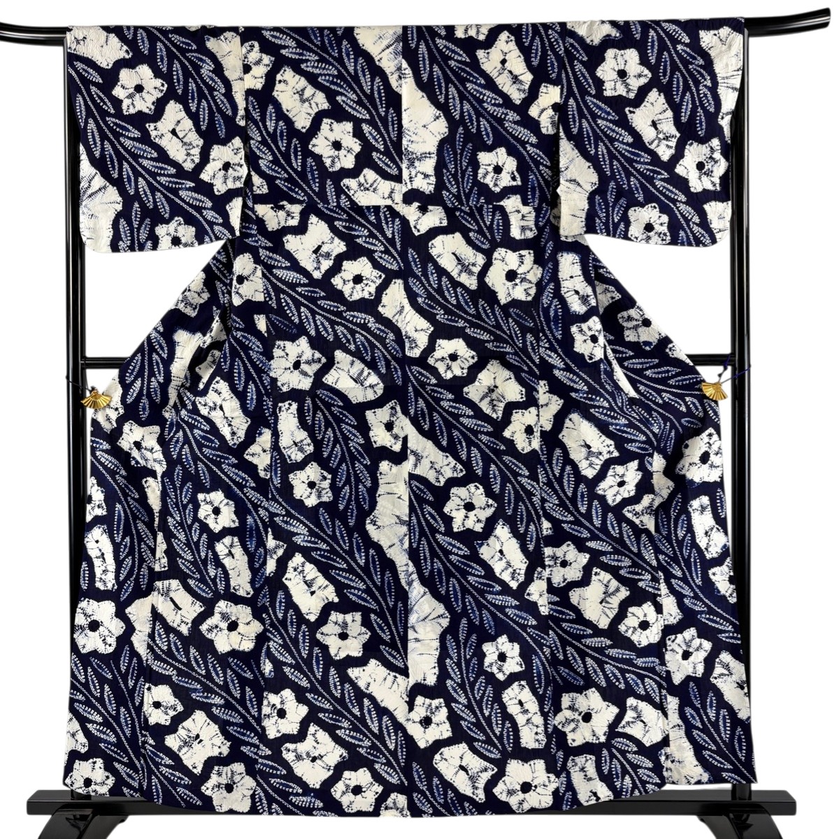 【美品】 浴衣 身丈160cm 裄丈65cm M 草花 紺色 綿 名品 【中古】