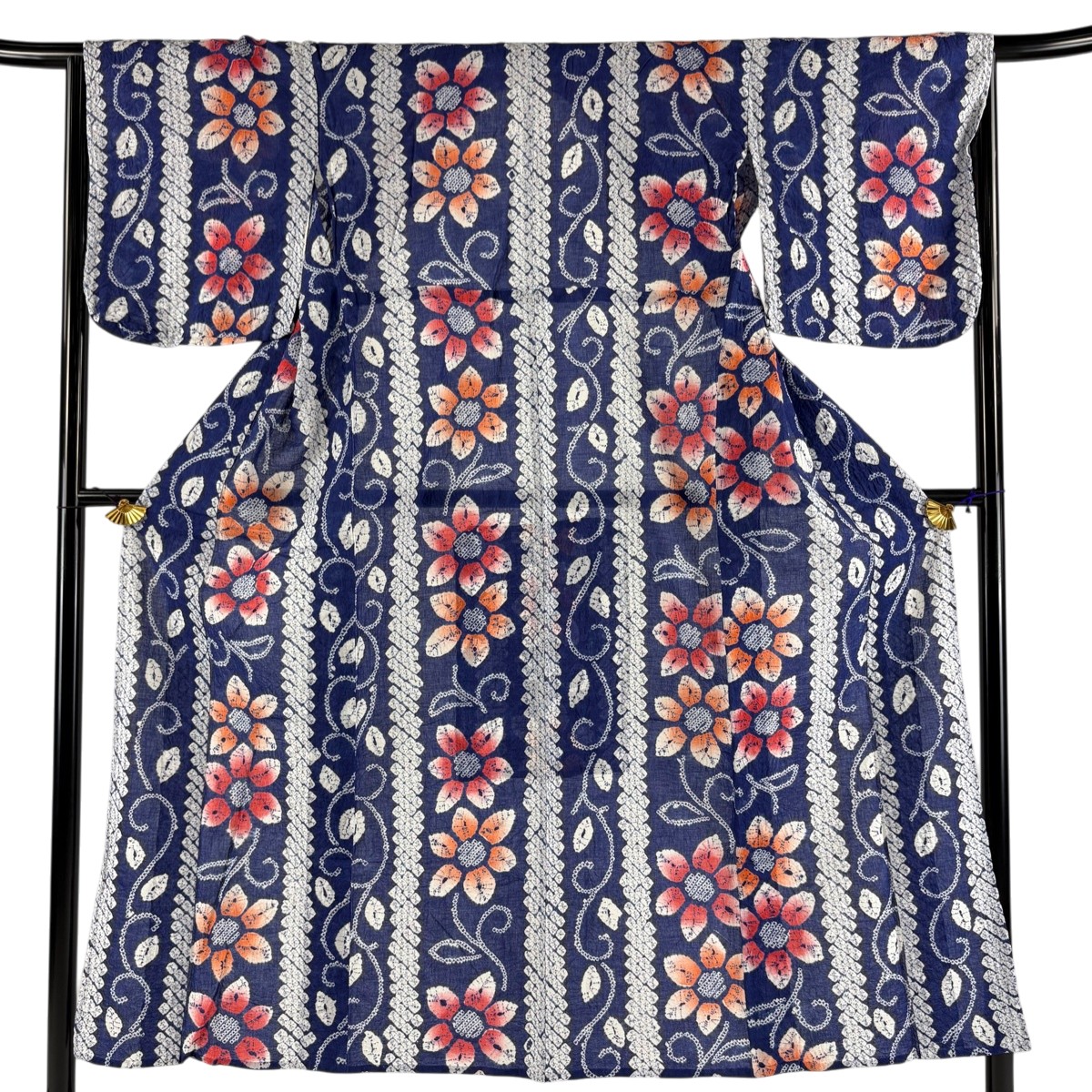 【美品】 浴衣 身丈150cm 裄丈64cm M 花唐草 青紫 綿 名品 【中古】