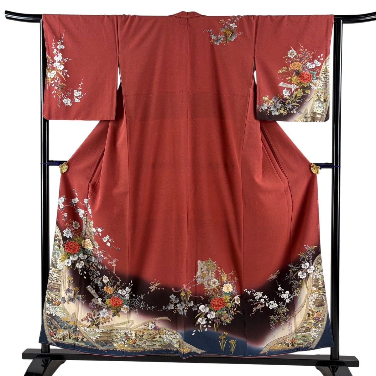 訪問着 身丈156cm 裄丈64.5cm M 袷 御所車 牡丹 刺繍 金銀彩 茜色 正絹 秀品 【中古】