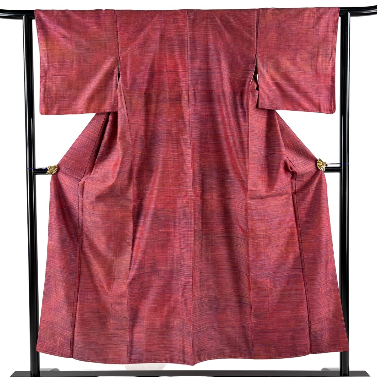 紬 身丈150.5cm 裄丈62cm S 袷 縞 赤紫 正絹 秀品 【中古】