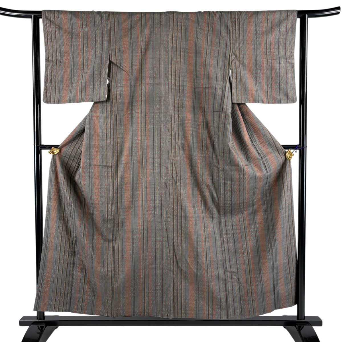 【美品】 小紋 身丈156cm 裄丈63cm S 袷 紬地 縦縞 幾何学 絞り 灰色 正絹 秀品 【中古】