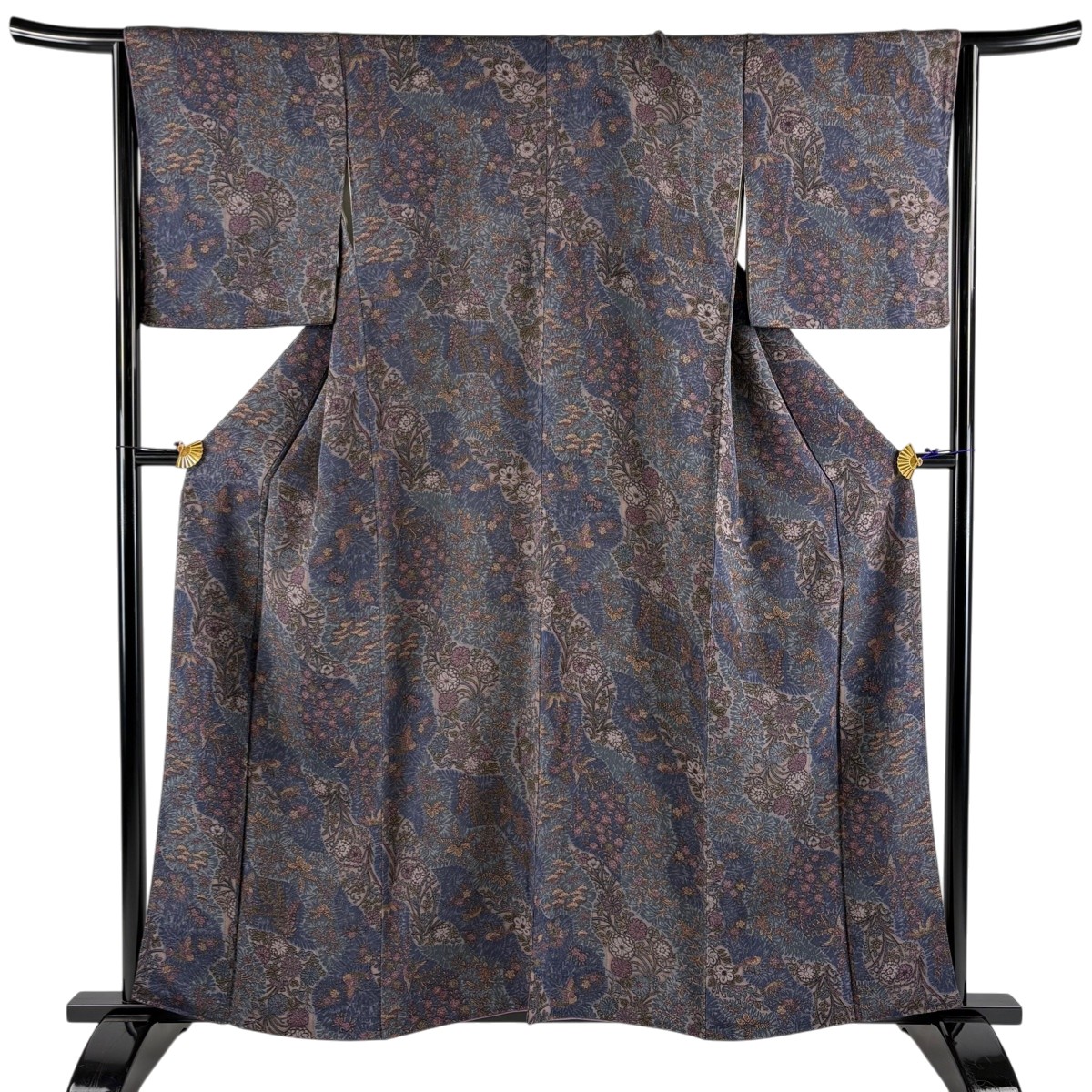 【美品】 小紋 身丈158.5cm 裄丈65cm M 袷 花鳥 松 縮緬 青灰色 正絹 秀品 【中古】