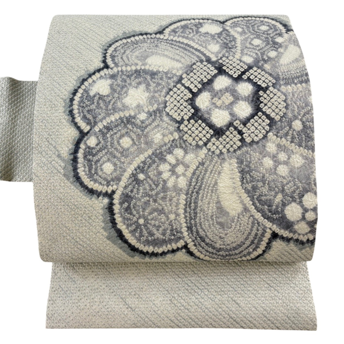 名古屋帯 逸品 菊 有職文様 絞り 青灰色 正絹 【中古】