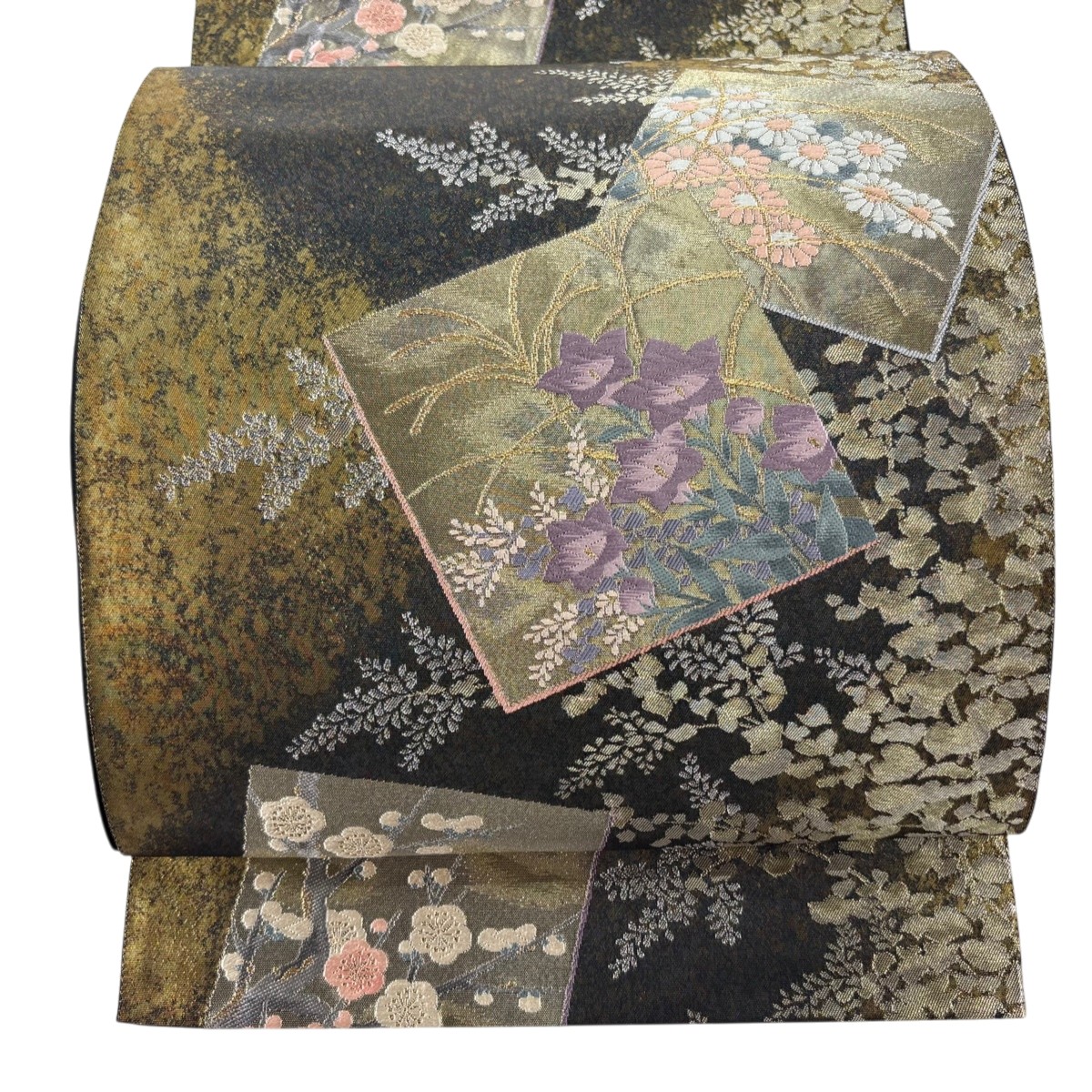 袋帯 珠玉 じゅらく 名書きあり 色紙 顕花植物 唐織 現ナマ糸 金色 六通 正絹 【中古】