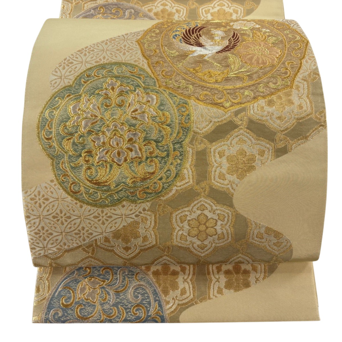【最終局面通貨価値】 【美品】 袋帯 珠玉 川島織物 書き判あり 花鳥 花亀甲 現ナマ糸 箔 薄イエローオーカー色 六通 正絹 【中古】 msp70